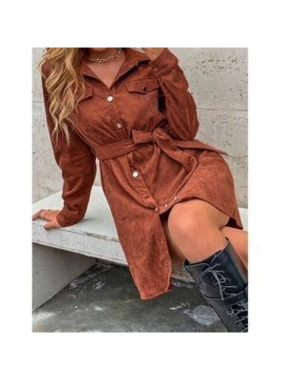 Corduroy Rust Brown Casual Button Up Shirt Style Belted Mini Dress Long Sleeves - Picture 2 of 3
